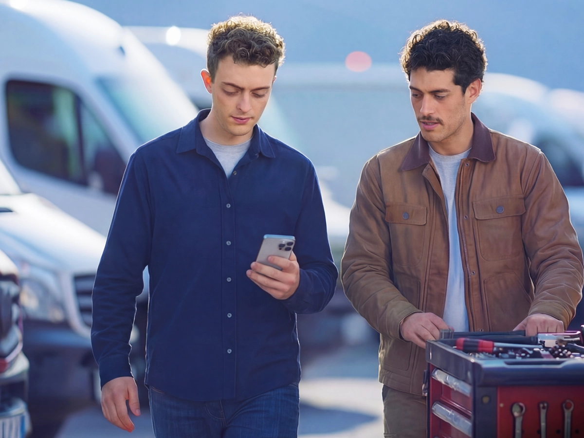 Zwei Männer gehen nebeneinander. Einer schiebt einen Werkzeugtrolley vor sich her, der andere hält ein Mobiltelefon in der Hand, auf das beide blicken. (Header Photo)