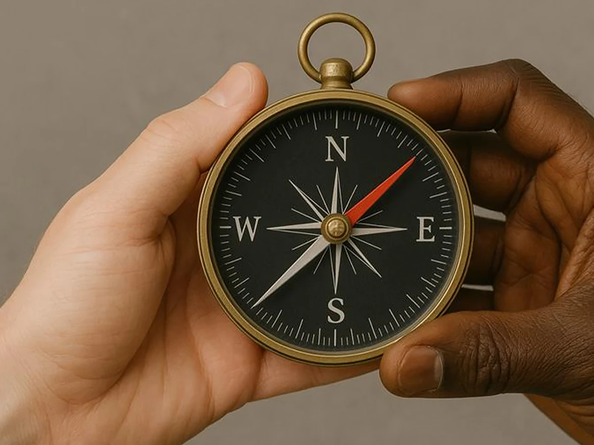 Nahmaufnahme der Hände von zwei Personen, die einen Kompass halten (Header Photo)