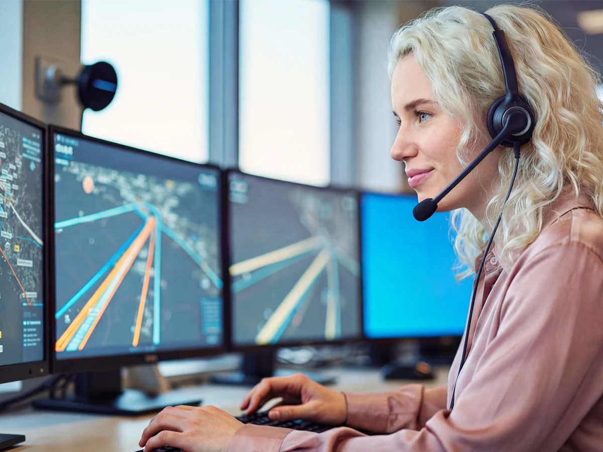 Eine Frau sitzt an einem Schreibtisch mit vier Bildschirmen, trägt ein Head-set und tippt auf einer Tastatur (Header Photo)