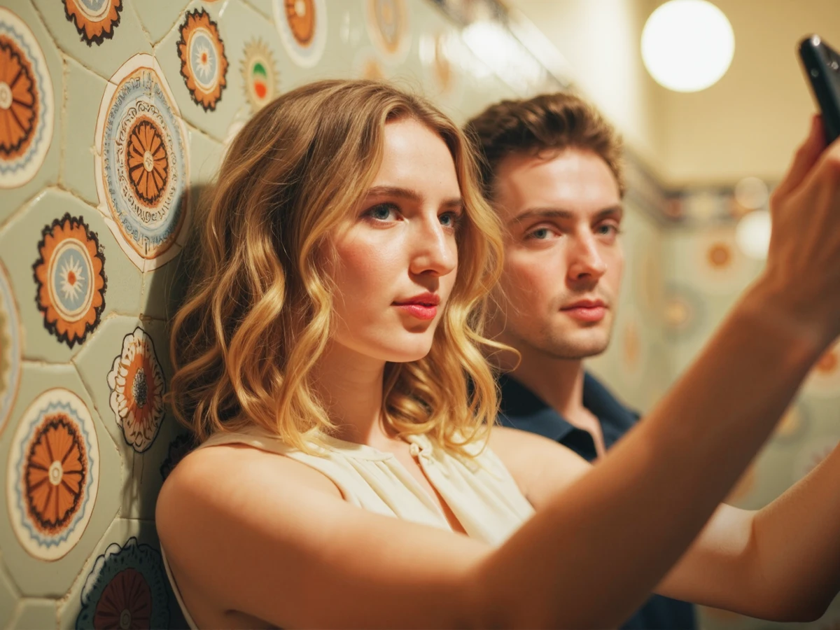 Eine Frau und ein Mann lehnen an einer gefliesten Wand. Die Frau macht ein Selfie. (Header Photo)